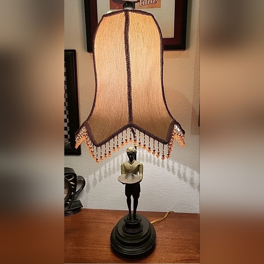 Bronze Berman Lamp Maid Servant Butler Figure w/ Beaded Tulip Shade VTG Elegance